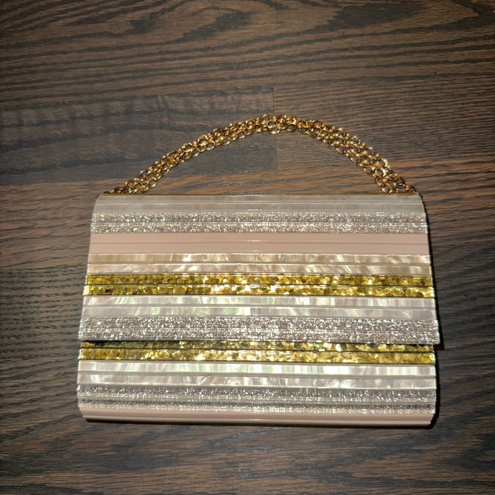 Gold-Accent Stripe Evening Bag - Women's Shoulder Clutch - Picture 2 of 8